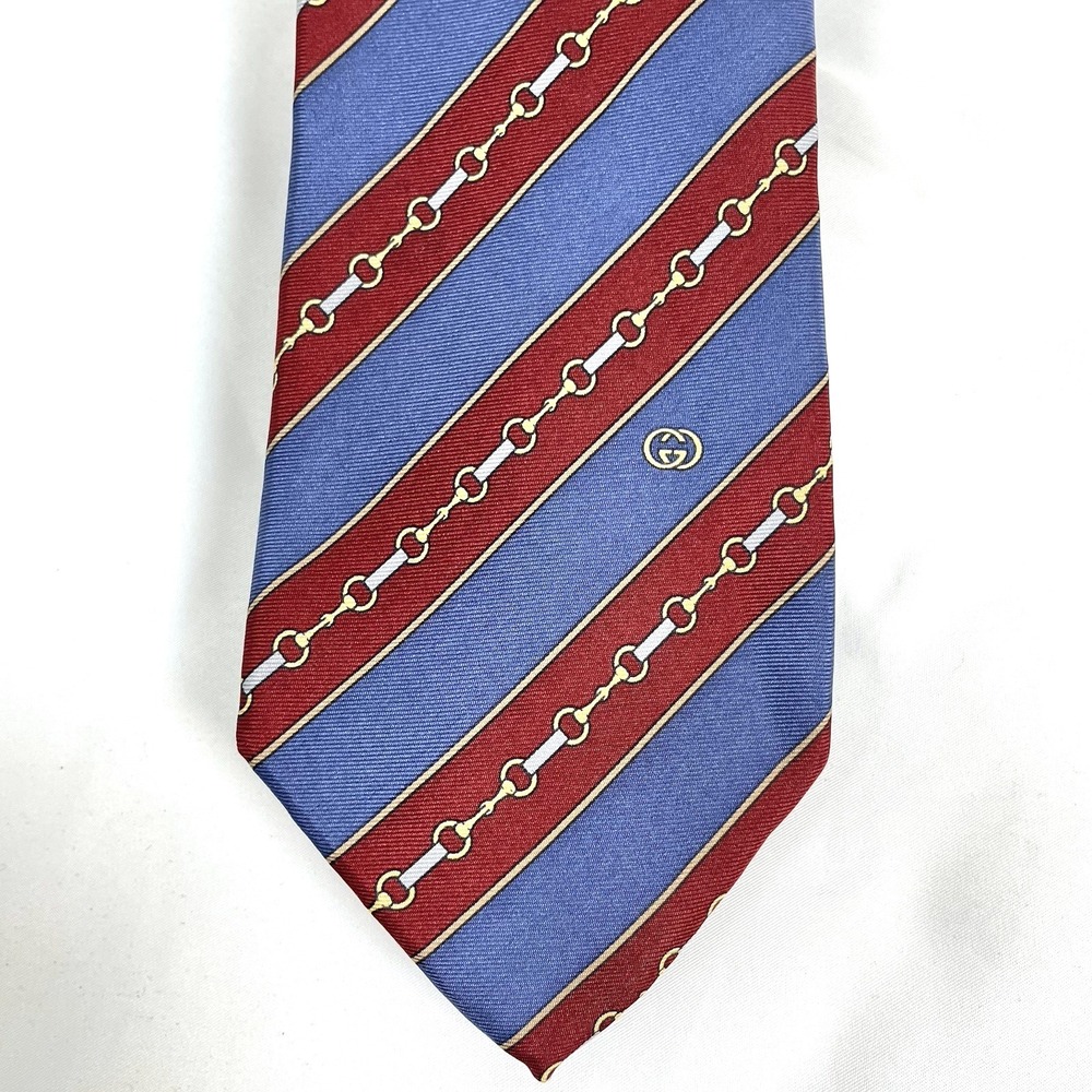 GUCCI 100% Silk Tie Red Blue Diagonal Stripe Gold Silver Chain Horsebit Italy - Picture 4 of 11
